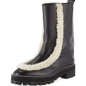 NEW Stuart Weitzman Black Shearling Fur Trim Denali Leather Ankle Boots Shoes 5